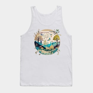 a nature-inspired t-shirt design featuring serene landscapes and wildlife. Utilize a soft color palette and intricate details to capture the beauty of the outdoors, tipseason Tank Top